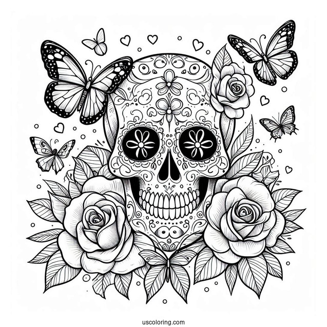 Angled View Of Sugar Skull Coloring Page With Butterflies And Plenty Of Roses