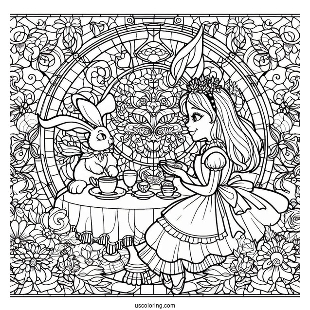 Alice In Wonderland With The Rabbit And The Cheshire Cat Stained Glass Coloring Page