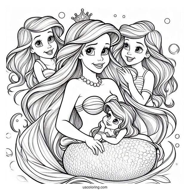 Ariel With Her Entire Family Coloring Sheet