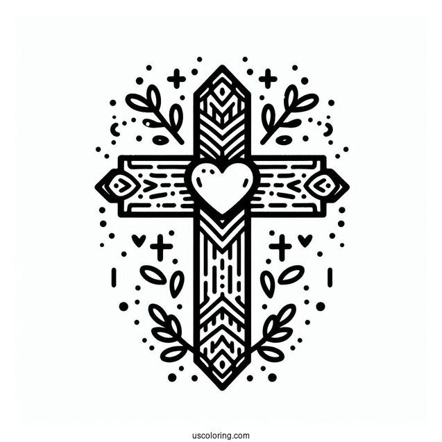 Cross Coloring Page With Love Heart For Preschoolers