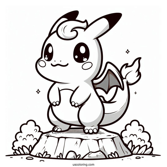 Kawaii Charizard Standing On A Rock Coloring Sheet