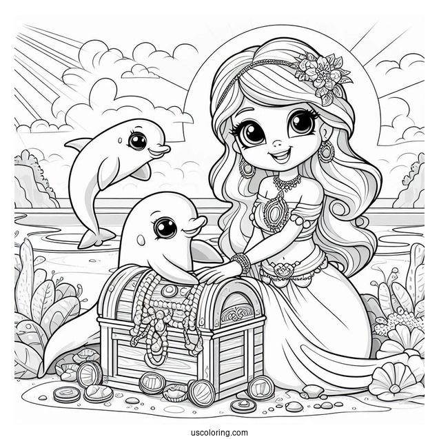 Palace Pets Coloring Page Of Treasure At The Beach With Dolphin And Seals For Kids
