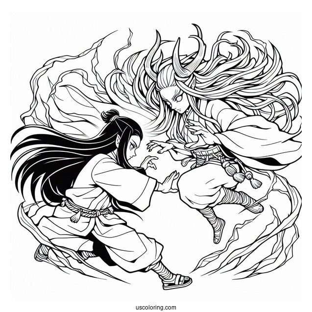 Nezuko Coloring Page Fighting In Demon Form