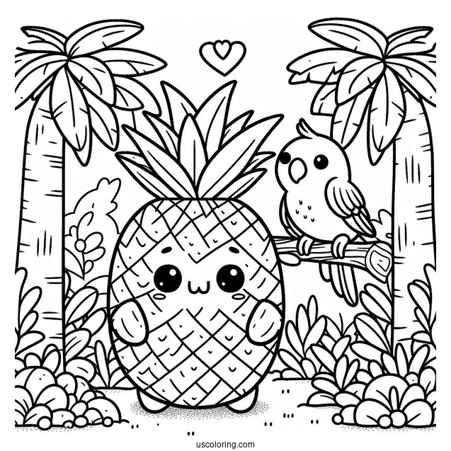 Kawaii Pineapple Coloring Page With Parrot in Tropical Jungle For Kids