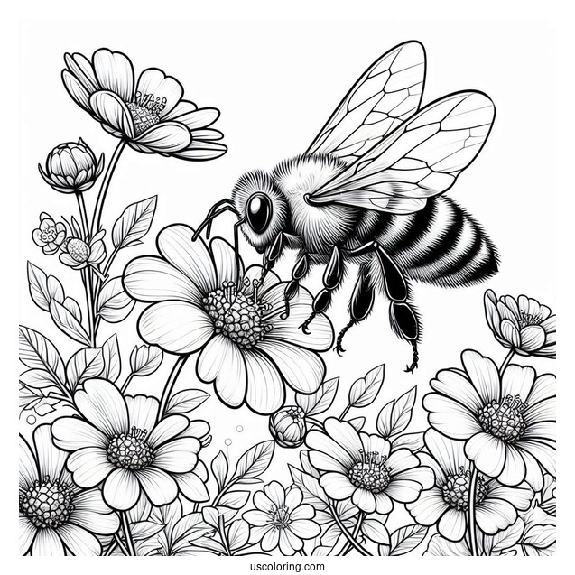 Realistic Bee Coloring Page Hovering Over Flowers