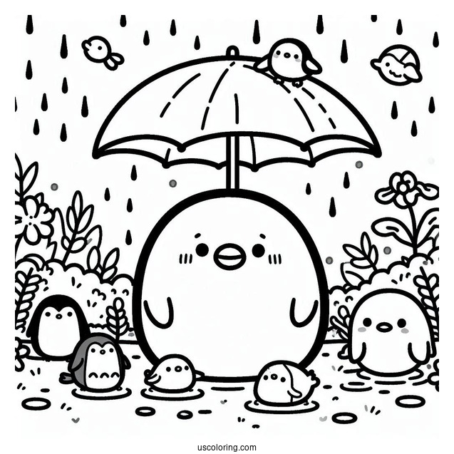 Sumikko Gurashi Coloring Page Of Tokage With Penguin And Minnikos Under The Rain