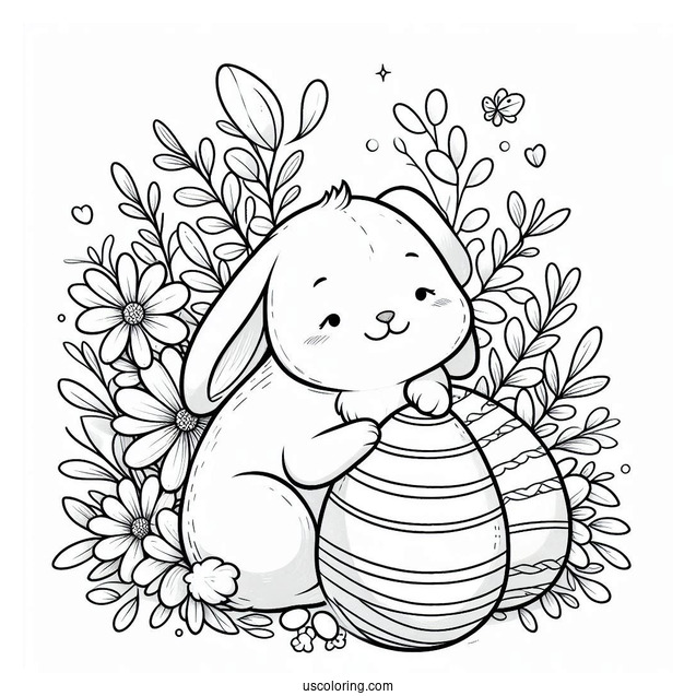 Cute Bunny And Flowers Easter Egg Coloring Page
