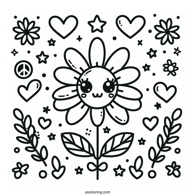 Peace Coloring Page Of Cute Flower With Love Heart For Eyes For Preschoolers