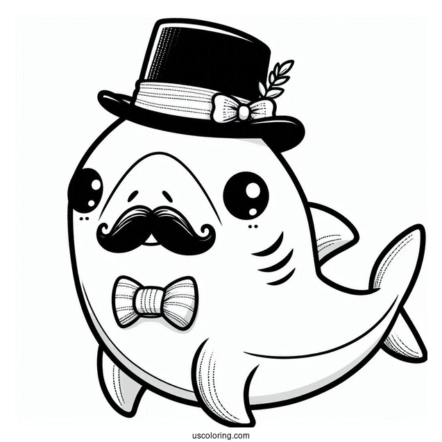 Cute Shark Coloring Page With Mustache, Bowtie, And Hat