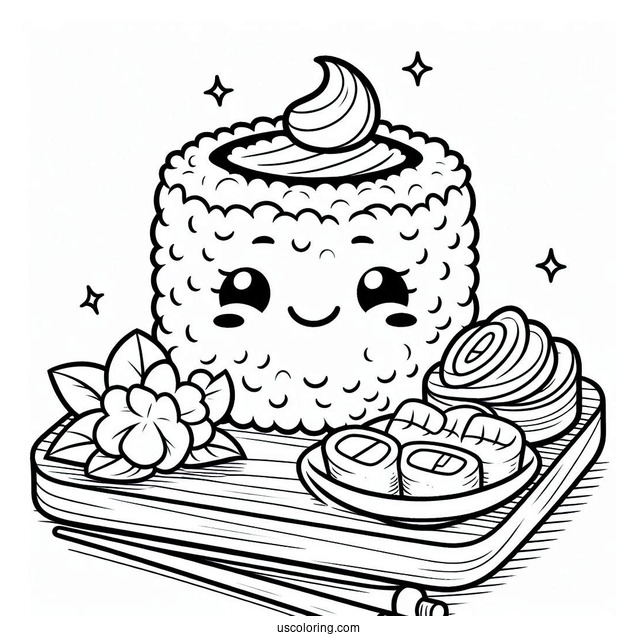 Sushi Coloring Pages Smiling Maki On A Board For Kids