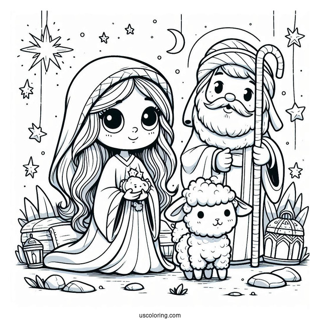 Adorable Nativity Coloring Page With A Shepherd And A Wise Man