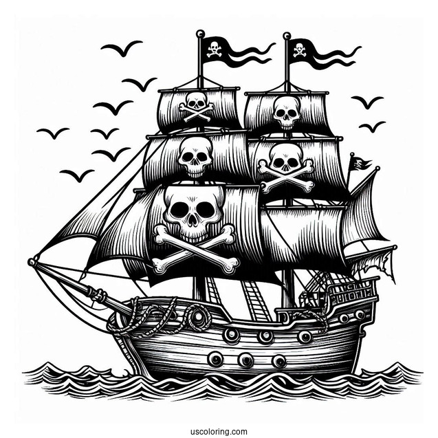 Pirate Ship With Skull And Bones Coloring Page