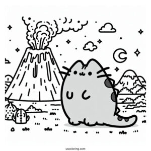 Dinosaur Pusheen Next To Volcano To Color