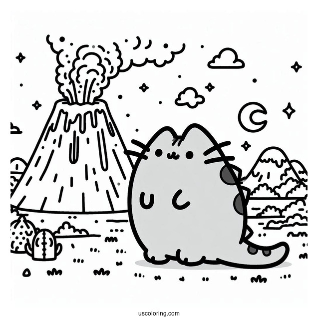 Dinosaur Pusheen Next To Volcano To Color