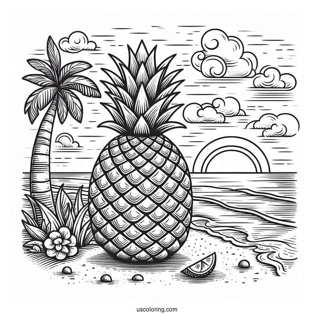 Detailed Pineapple On Beach Coloring Page