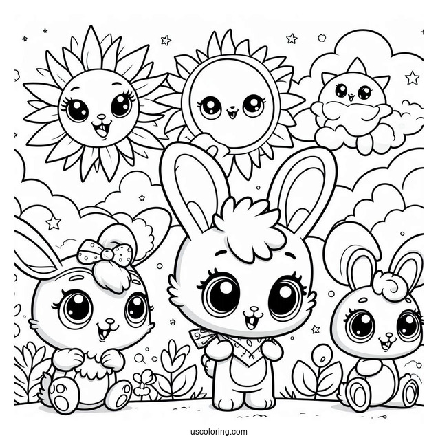 Sunny Bunnies Coloring Page Of Easy Iris, Big Boo, Hopper, Shiny, And Turbo In The Sky For Preschoolers