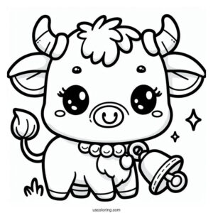 Kawaii Bull With Bell Coloring In For Preschoolers