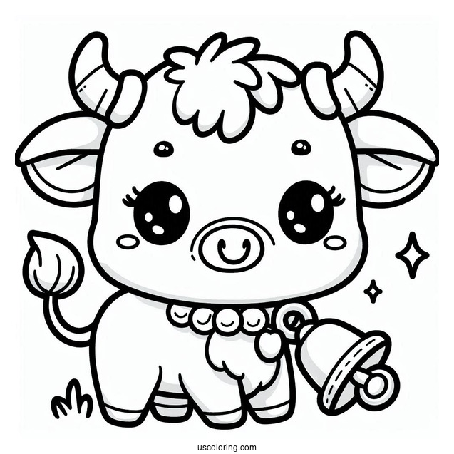 Kawaii Bull With Bell Coloring In For Preschoolers