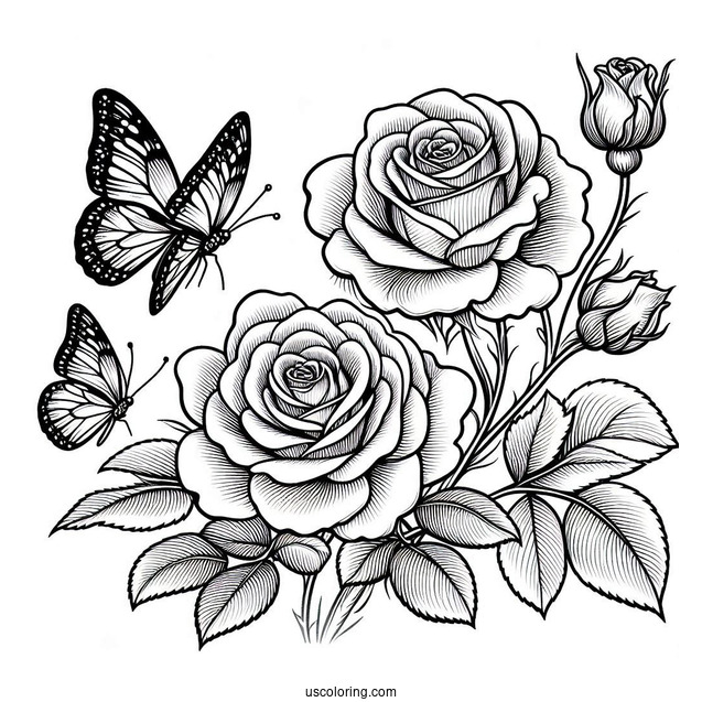 Beautiful Roses With Butterflies To Color