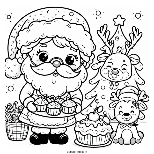 Mrs Claus With Baked Cookes And Rudolph To Color