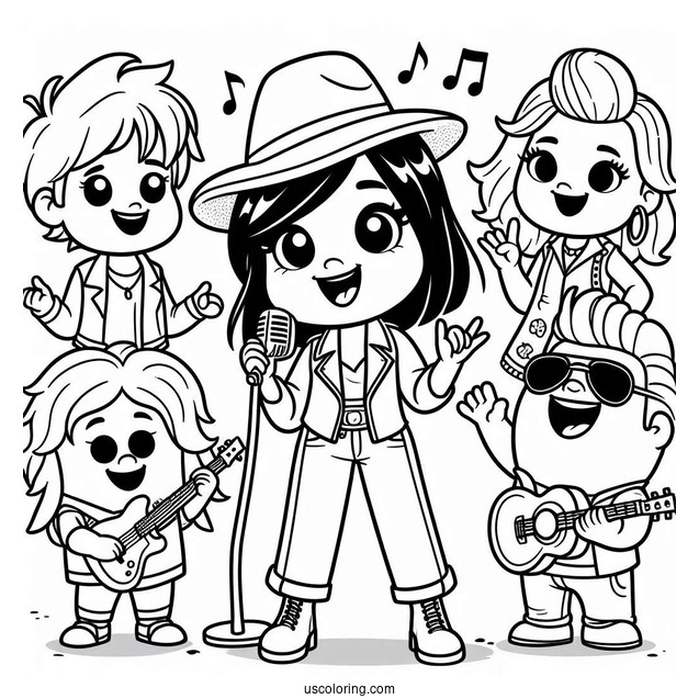 Sing Coloring Page Of Clay, Rosita, Johnny, Meena, Ash, And Friends In Rock N Roll Costumes