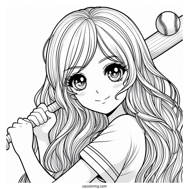 Girl With Long Hair Swinging Baseball Coloring Page Bat For Preschoolers