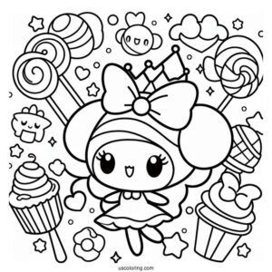 Cute My Melody Coloring Page Surrounded By Sweets
