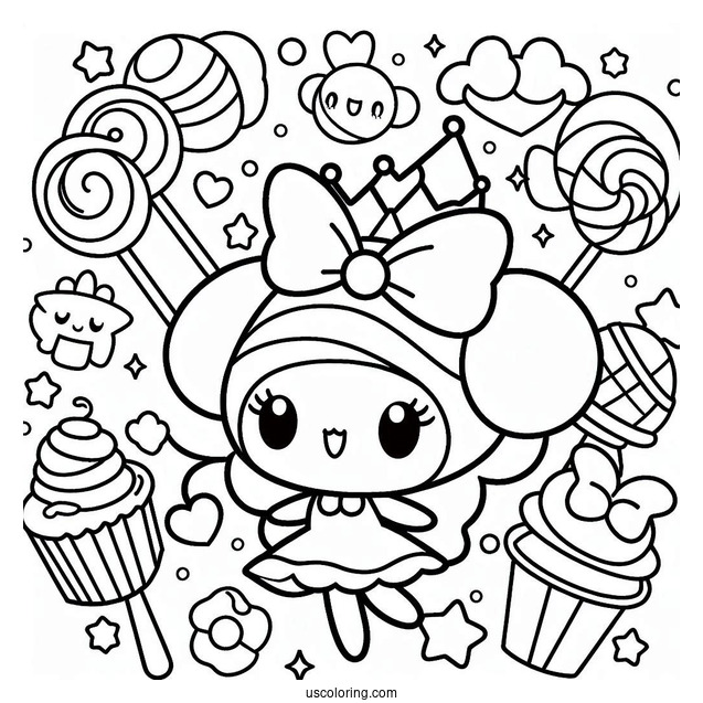 Cute My Melody Coloring Page Surrounded By Sweets