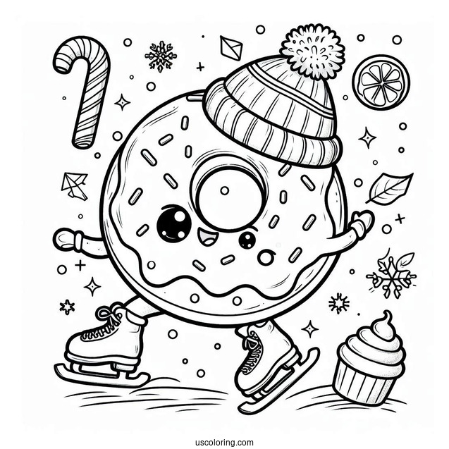 Excited Donut Coloring Page Ice Skating In Winter