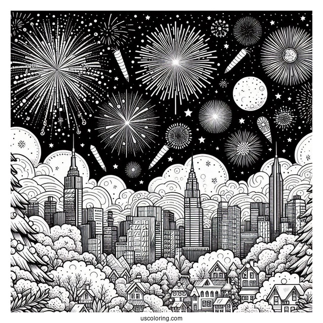 New Year Coloring Page Of Sky Covered With Fireworks In The City