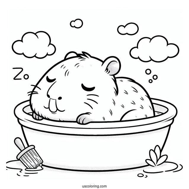 Chibi Capybara Coloring Page Sleeping On The Bath