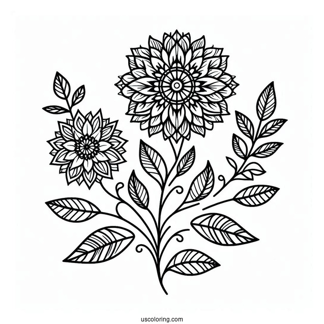 Flower Mandala Coloring Page With Stem And Leaves