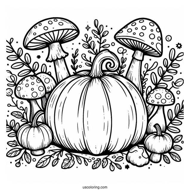 Simple Pumpkin Coloring Page With Mushrooms For Kids