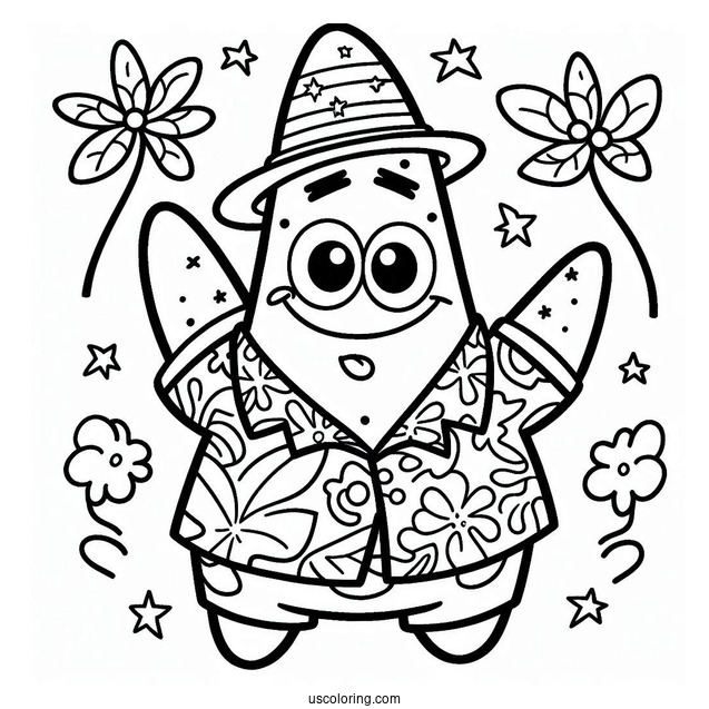 Cute Patrick Star Coloring Page In Hawaiian Shirt For Kids
