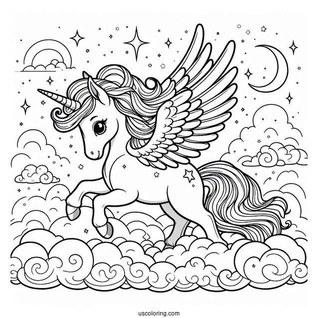 Cute Pegasus Coloring Page In the Night Sky For Kids