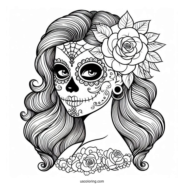 Woman With Sugar Skulls Coloring Page Face Paint And Rose Tucked Behind Her Ear