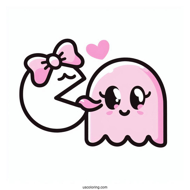 Pinky Ghost Kissing Pac-Man Coloring Page On The Cheek