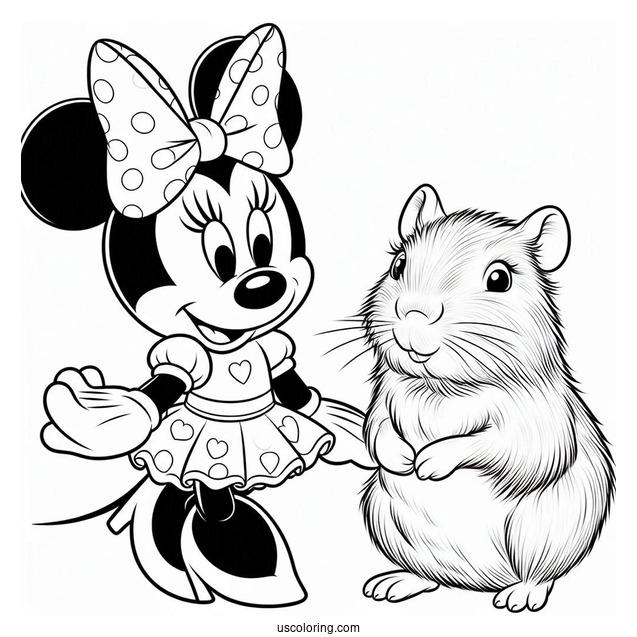 Minnie Mouse With A Capybara Coloring Page Wearing Matching Bows