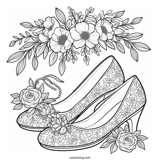 Coloring Sheet Of Floral Bridal Shoes