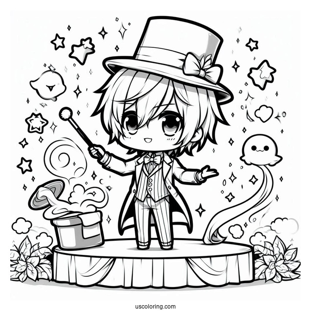 Chibi Coloring Page Stage Magician Wowing the Crowd with Magic Tricks