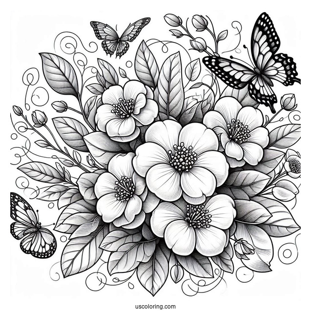 Flower Coloring Pages Of Quince With Butterflies In A Ring