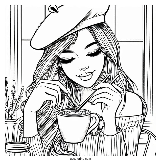 Woman Wearing Beret Drinking Coffee Coloring Page For Kids
