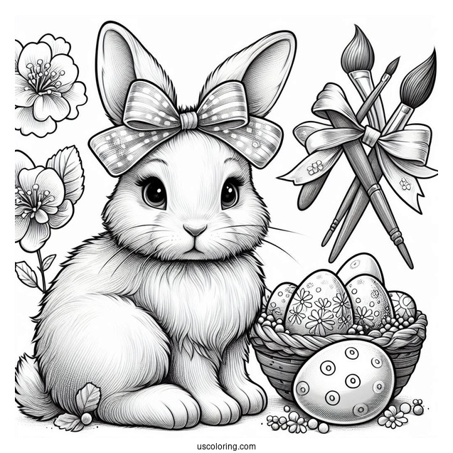 Realistic Easter Bunny Coloring Page With Bow, Paintbrush, And Eggs