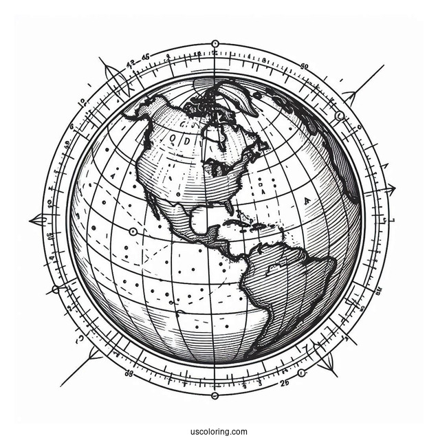 The Earth With Longitude And Latitude Lines Coloring Page