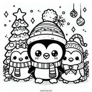 Kawaii Penguin Christmas Coloring Page