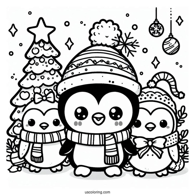 Kawaii Penguin Christmas Coloring Page