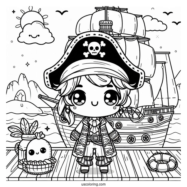 Kawaii Pirate On The Deck Of A Pirate Ship Coloring Page For Kids
