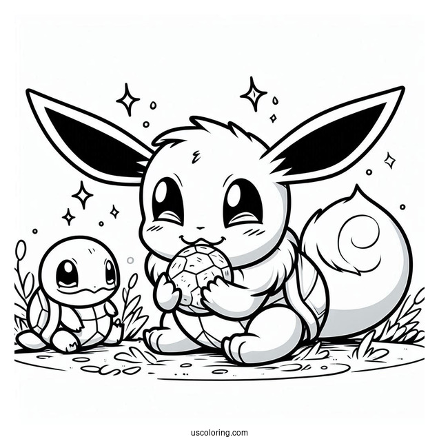 Eevee Eating With Squirtle Coloring Page