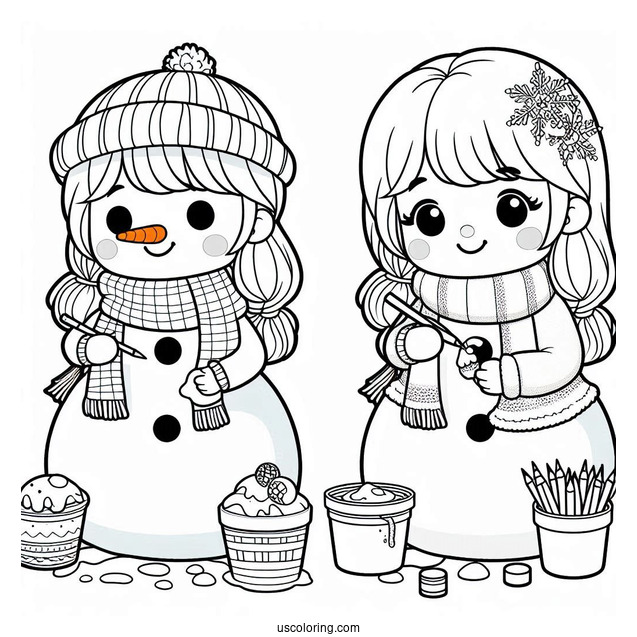 Kids Decorating a Snowman To Color