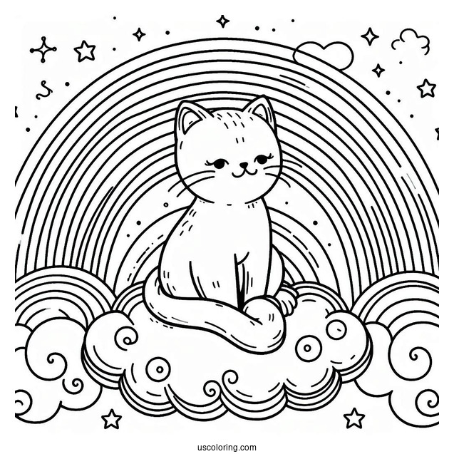 Cat Sitting On A Cloud In The Middle Of A Rainbow
